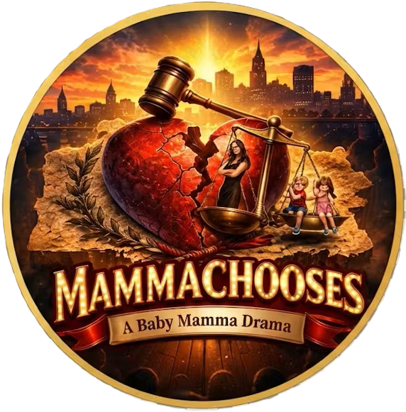 The Mammachooses Title Image cropped in a circular logo. "The Heart of the Commonwealth" (Worcester's title) is broken by a judge's gavel. In justices scales are mom on the left outweighing her children on the left. The two healthy laurel branches that typically surround the heart on city imagery are withered and joined not by a typical red ribbon but are shoddily tied together by red tape. In the foreground are Ryan sitting and writing and his homie Matt sitting at his turntable.